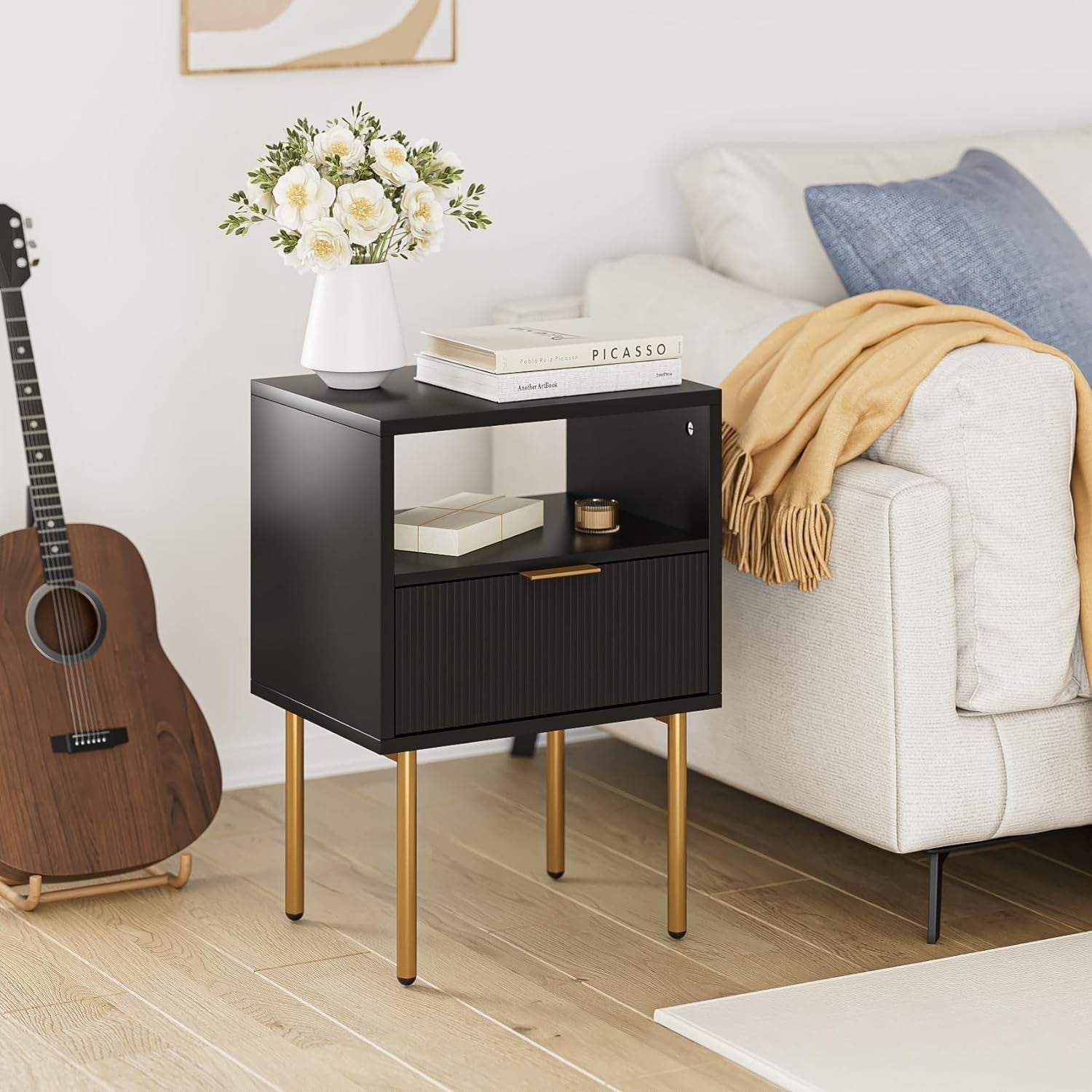 Modern Black Bedside Table with Gold Legs | 1 Drawer Nightstand with Shelf