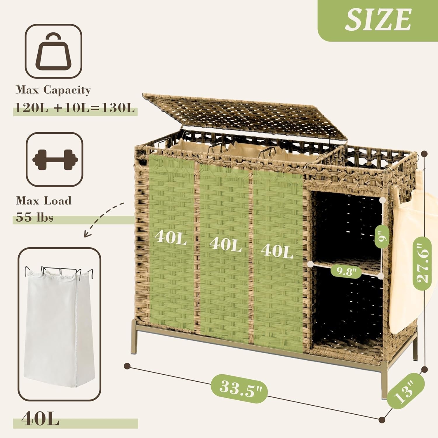 130L Rattan Laundry Hamper 3 Section with Lid 4 Bags Wicker Storage Shelf Unit