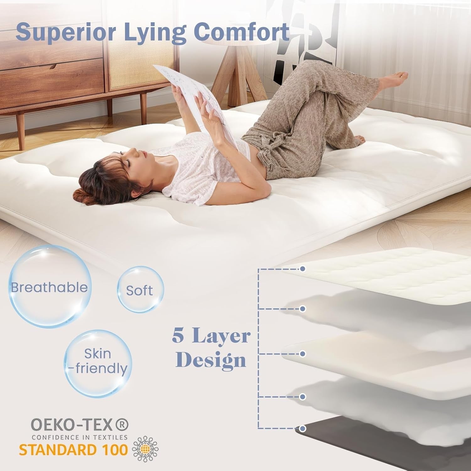 10cm Thick Japanese Futon Mattress King Size Washable Cover Tatami Beige