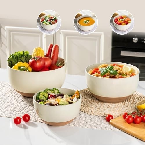 3-Piece Light Beige Ceramic Mixing Bowls Set Nesting Microwave & Dishwasher Safe