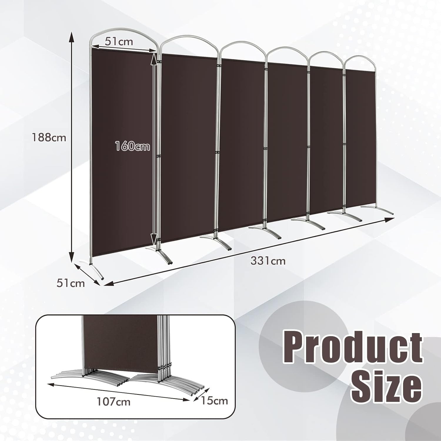 6 Panel Coffee Folding Room Divider Privacy Screen for Bedroom Office 188cm High