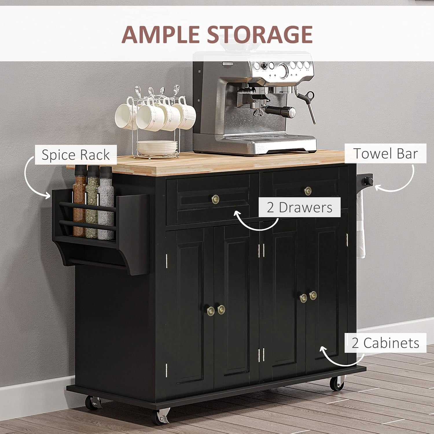 Kitchen Island Trolley on Wheels Storage Cabinet Drawer Butcher Wood Top