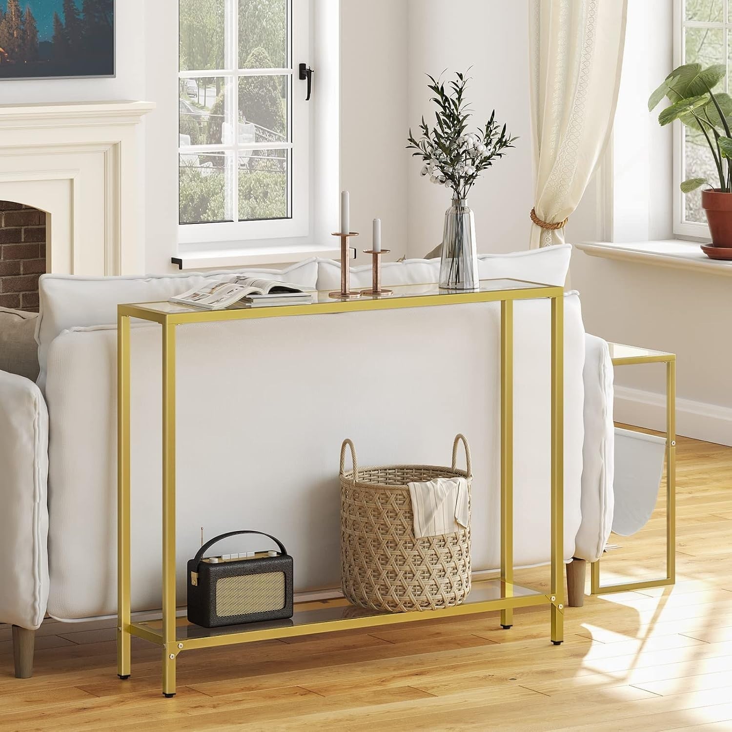 Slim 2-Tier Gold Console Table 100x22x80cm Tempered Glass Shelf