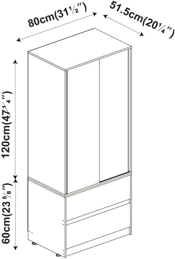 Modern 2-Door 2-Drawer Sliding Wardrobe with Hanging Rail & Adjustable Feet