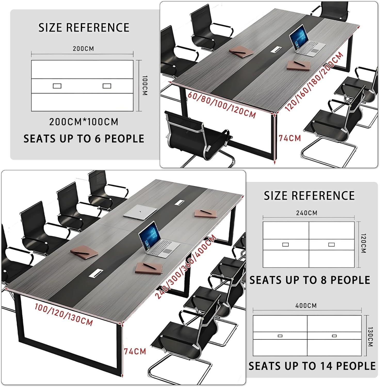 160x120cm White/Black Office Meeting Table w/ Cable Ports + Adjustable Feet