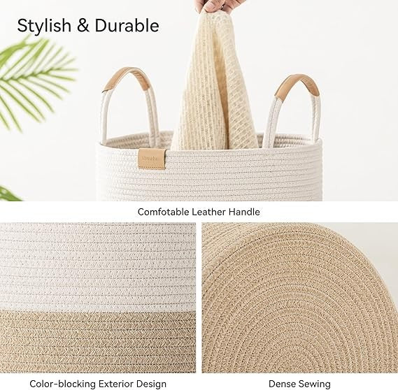 95L Foldable Laundry Basket with Leather Handles, Large Woven Beige Stripes Hamp