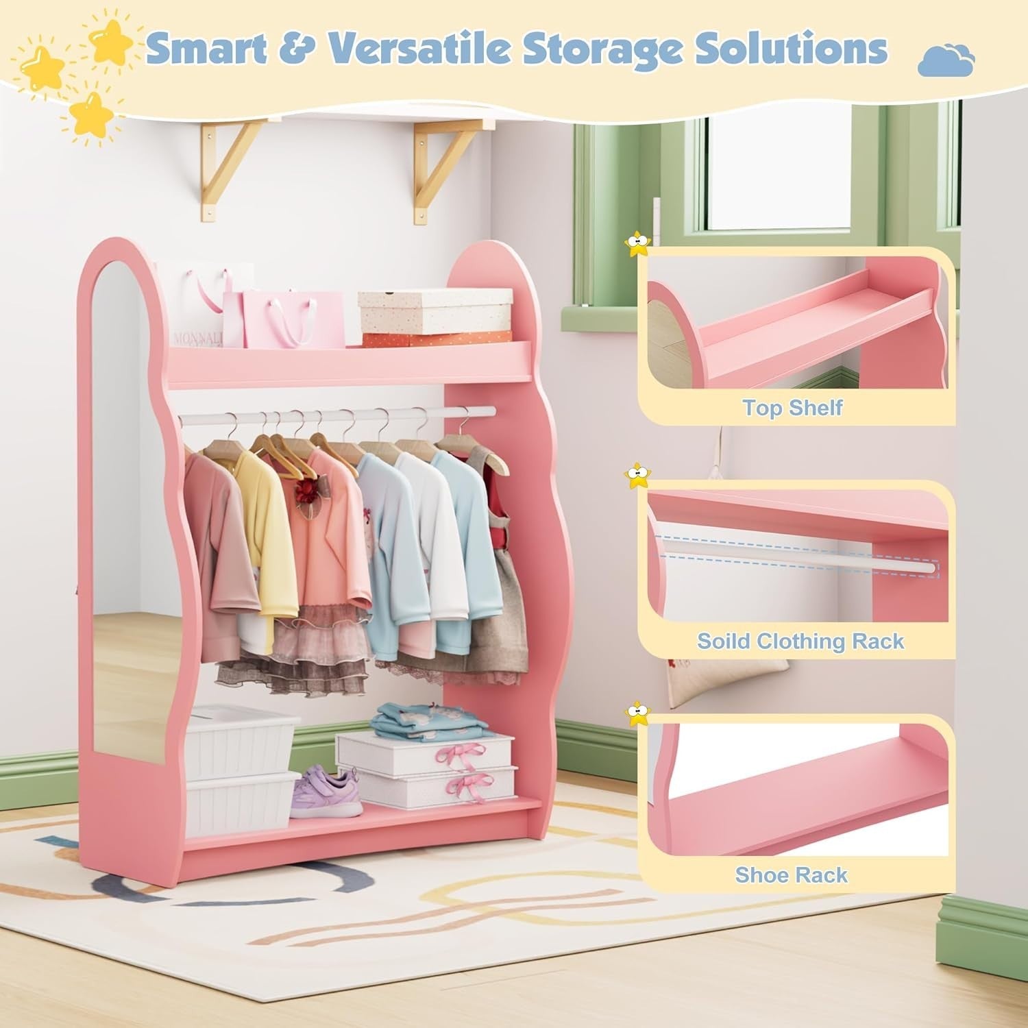 Kids Wardrobe with Mirror & Hanging Rail, No Drawer, Pink Cloud Design