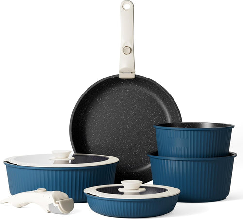 5Pcs Ribbed Navy Blue Pots Pans Set with Lids & Detachable Handle Induction Safe