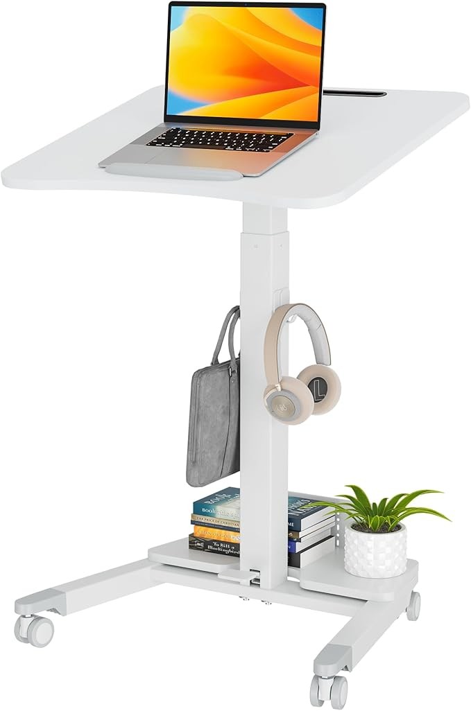 Mobile Standing Desk Adjustable Height Rolling Laptop Table 60x52cm White