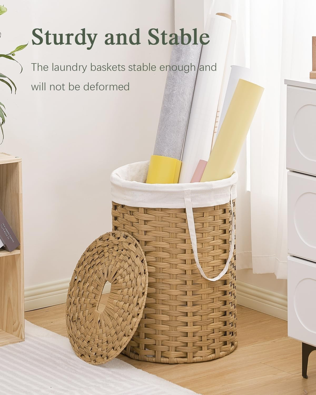 72L Round Wicker Laundry Basket with Lid Large Rattan Hamper Natural Storage