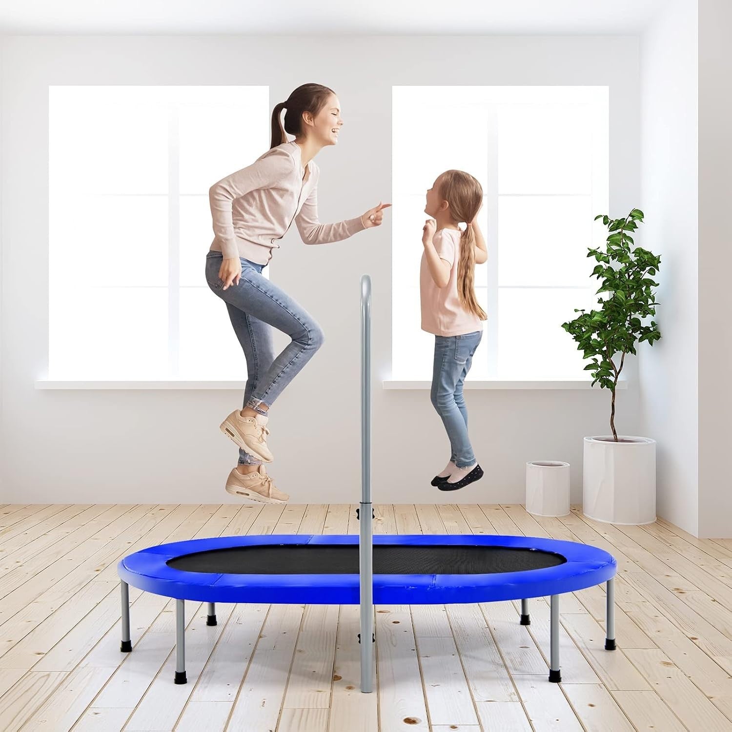 Oval Foldable Trampoline for Two Adjustable Handle Indoor Fitness 150KG