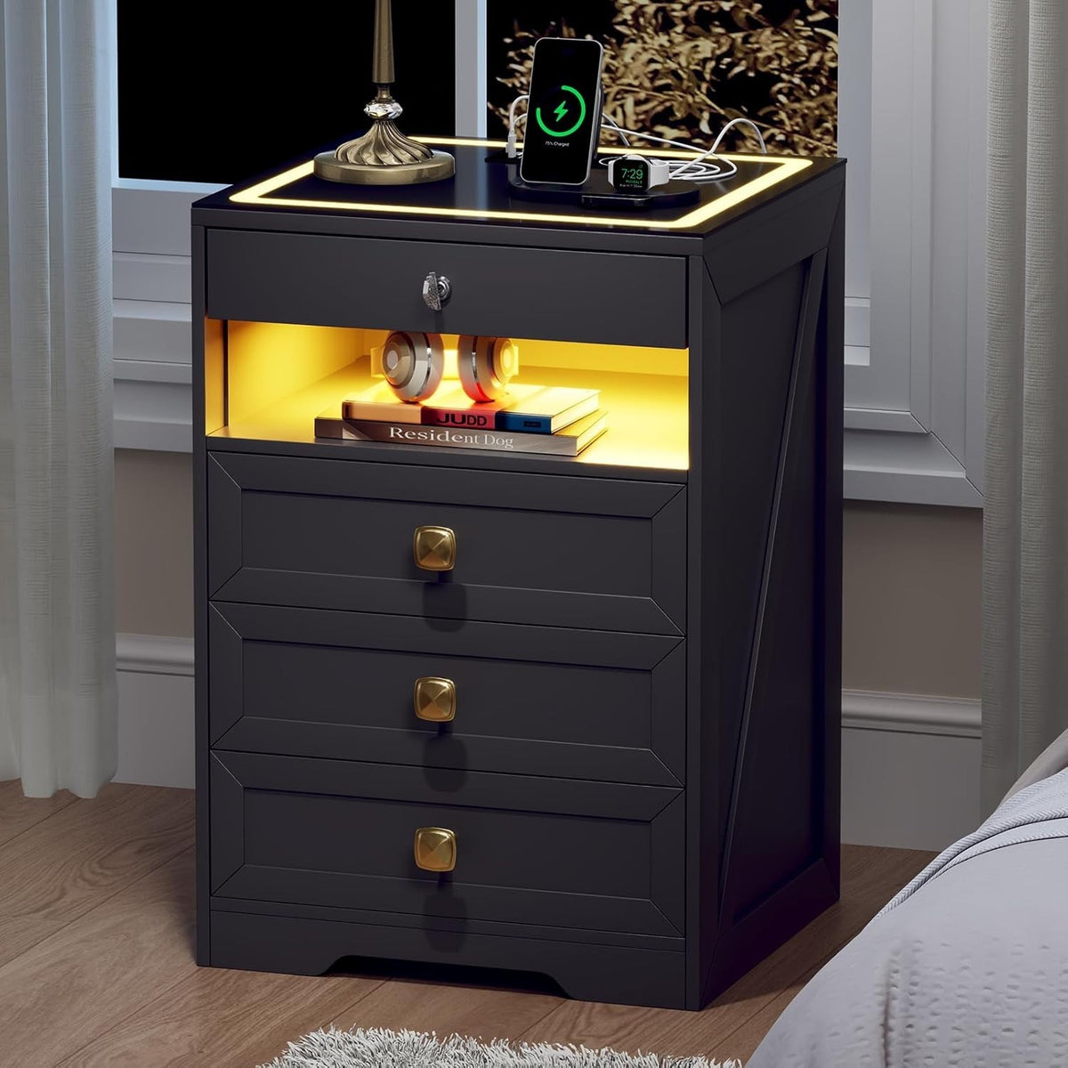 LED Bedside Table with Wireless Charging, 4 Drawers & Lock – Smart Nightstand
