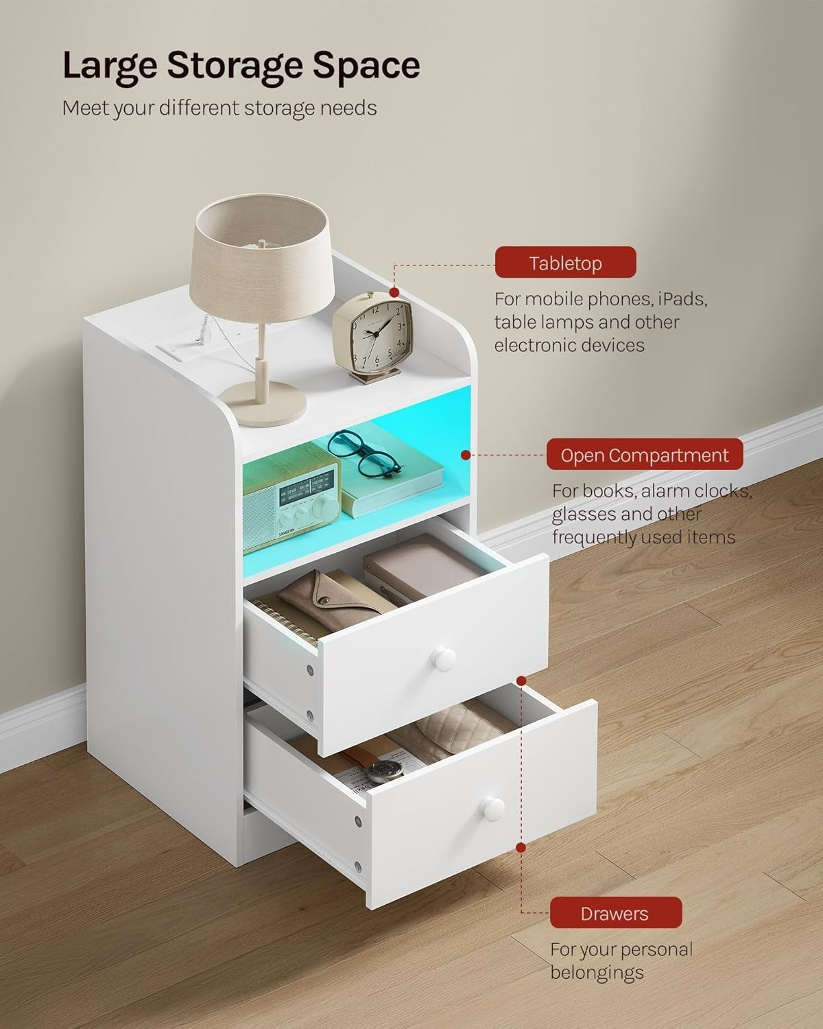 Set of 2 Smart Bedside Tables with USB Ports, LED Lights & 2 Drawers, White