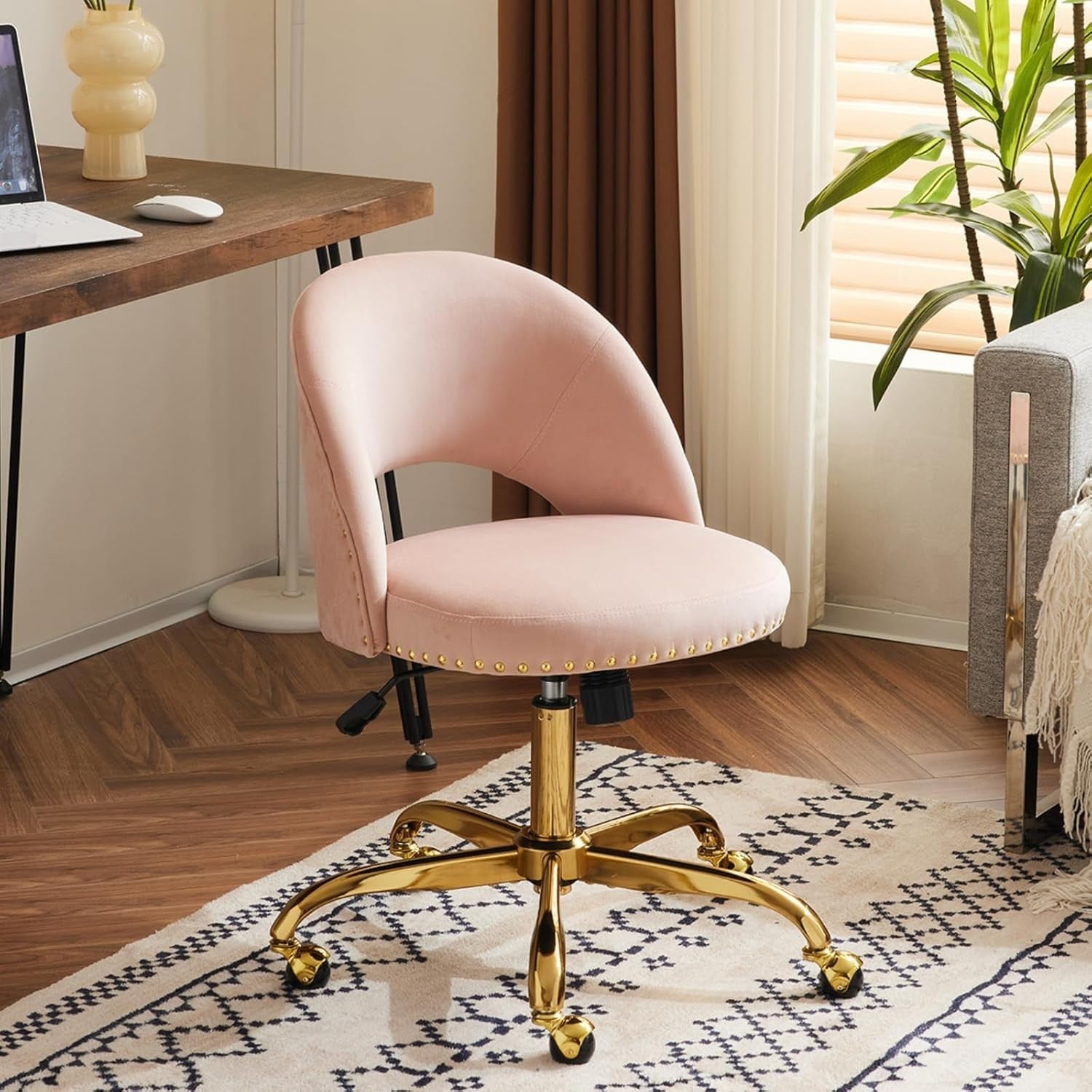 Purple Adjustable Velvet Swivel Desk Chair – Comfy Vanity & Office Seating
