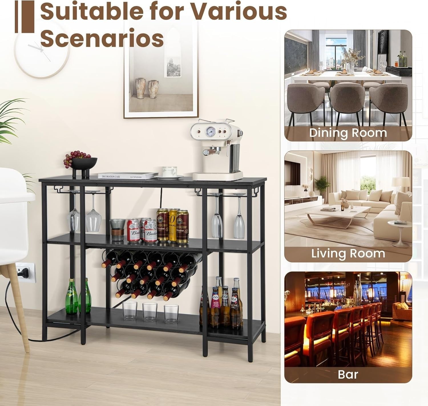 Wine Bar Cabinet with Tabletop, 15 Bottle Rack, Shelves & Charging Ports – Grey