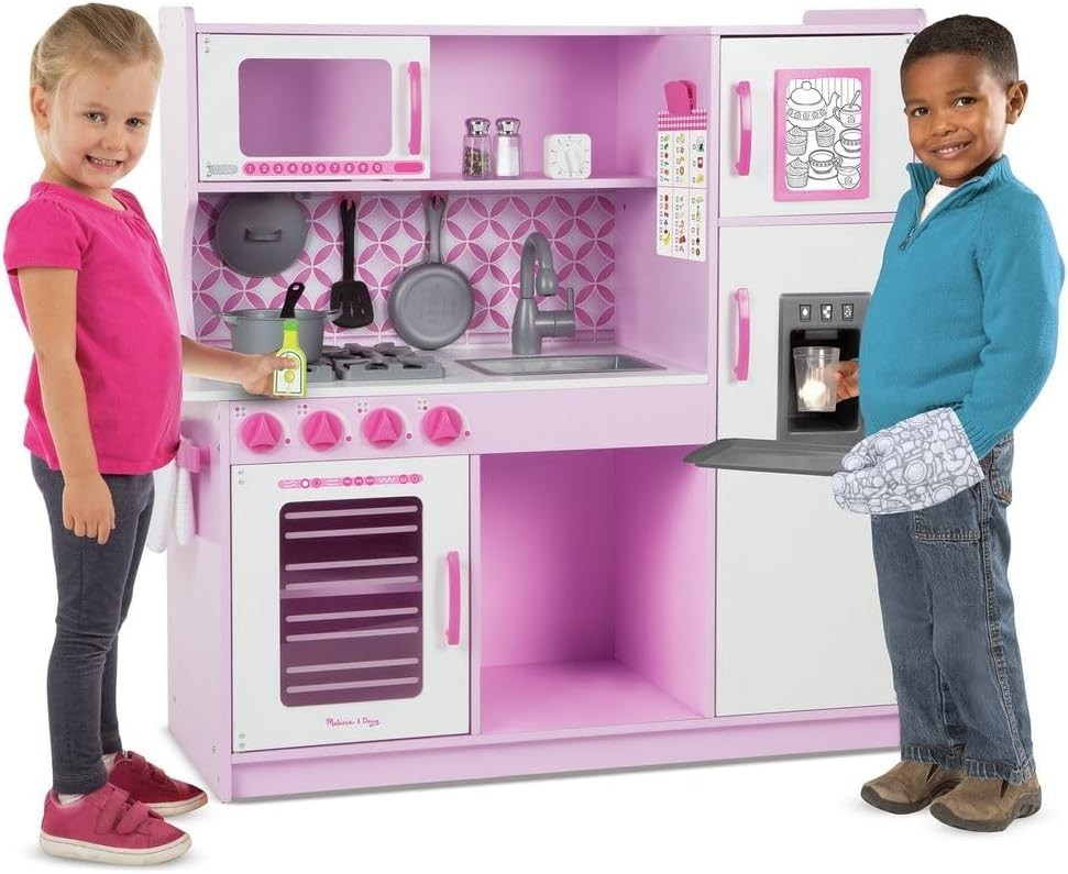 Large Pink Wooden Play Kitchen Ice Dispenser Pretend Toy Set