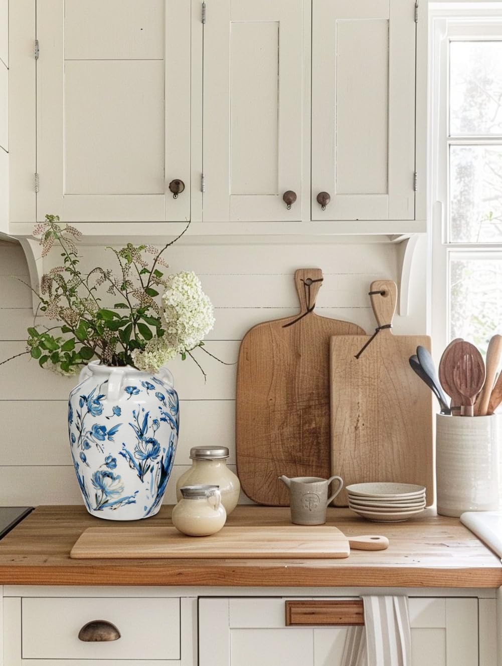 Ceramic Flower Vase Blue White Rustic Farmhouse Decor Table Floor Jar Vase