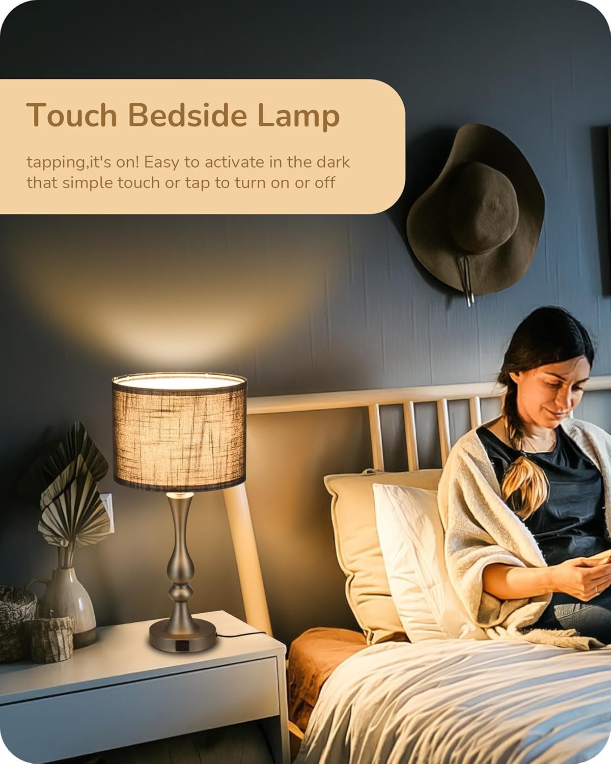 Dimmable Touch Table Lamps Set of 2 USB Charging Black Linen Shade