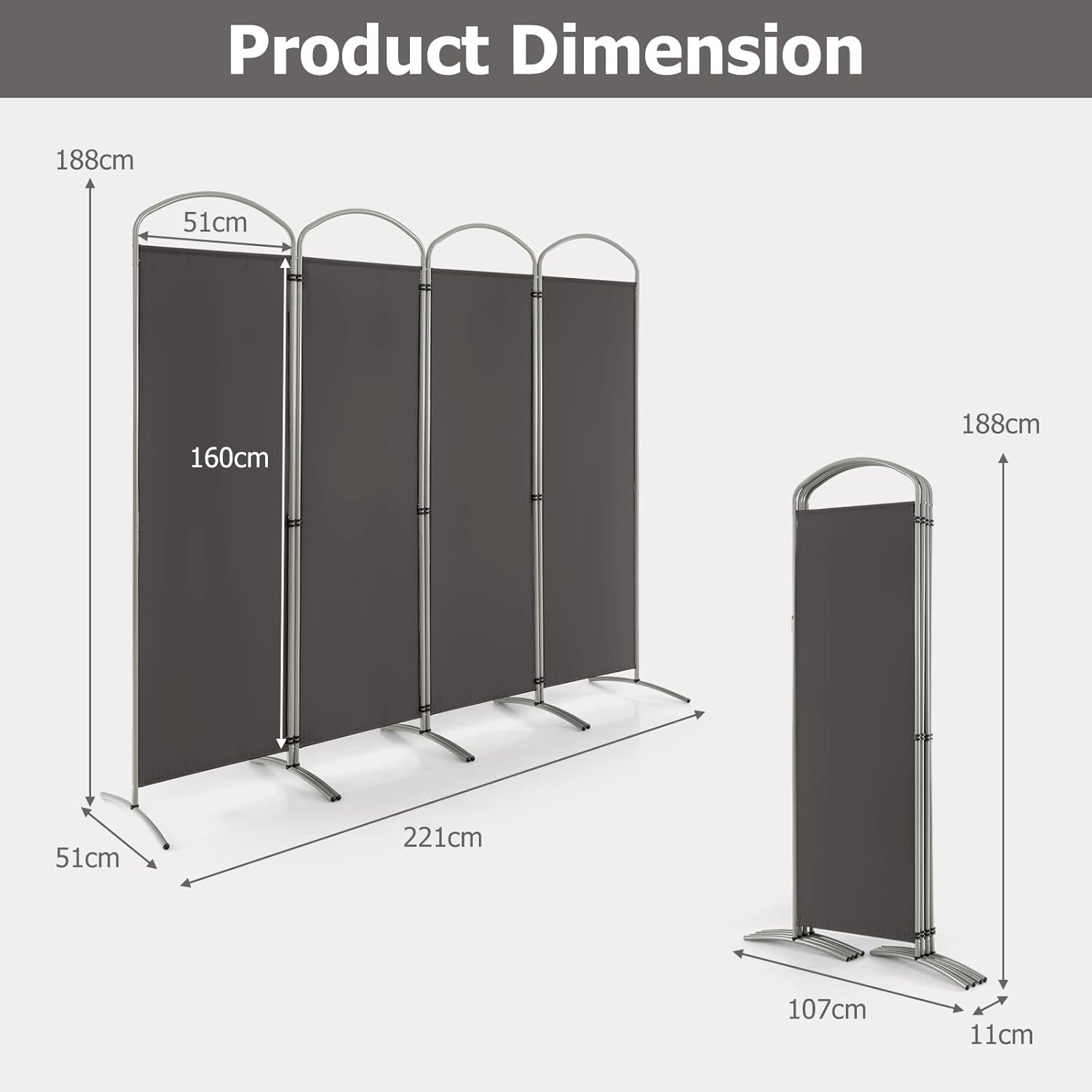4 Panel Grey Folding Room Divider Privacy Screen for Bedroom Office 188cm High