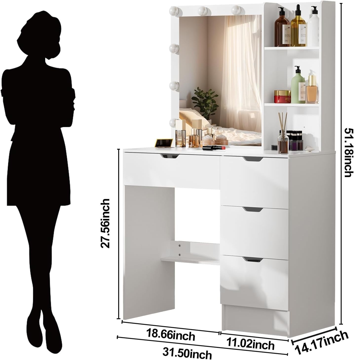 Modern LED Vanity Makeup Dressing Table Desk Mirror Drawers White Bedroom