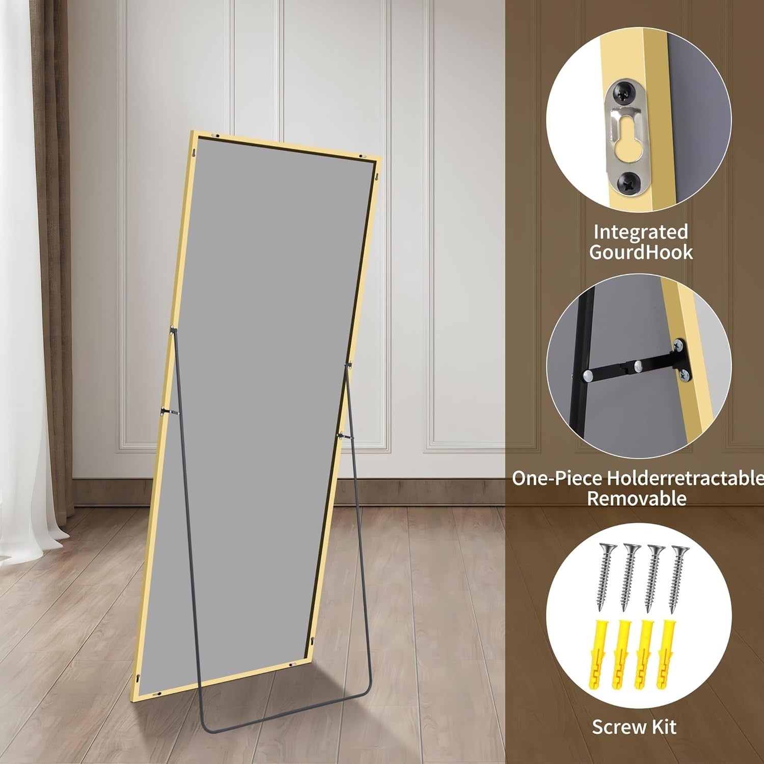 Gold Full Length Mirror 161x52cm Floor Standing or Wall Mounted Aluminium
