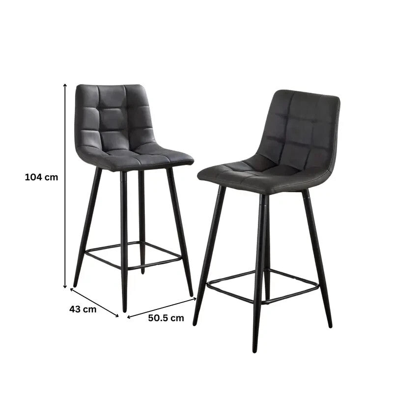 2 Grey Bar Stools Padded Seat Kitchen Breakfast Chairs w/ Black Legs