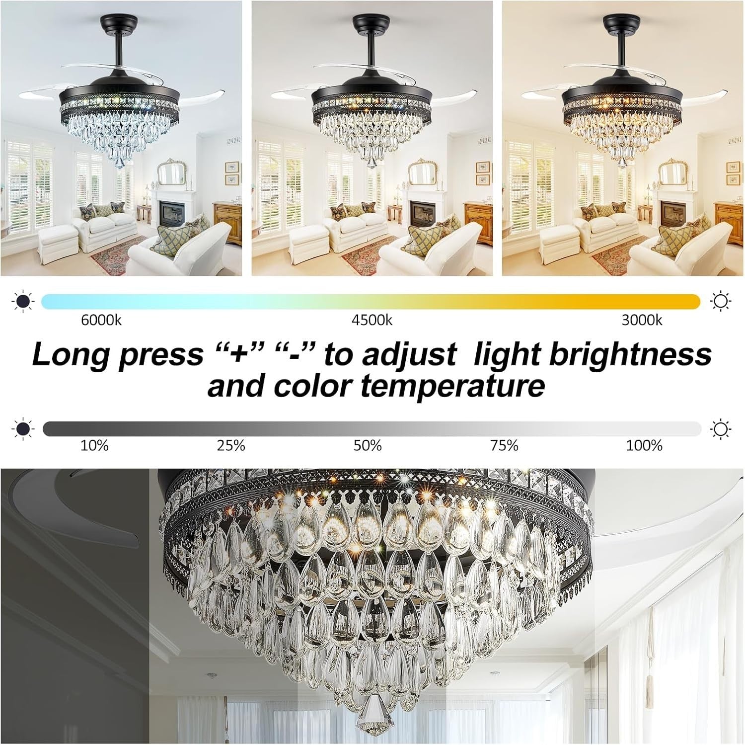 48" Chandelier Ceiling Fan with Light, Black, Retractable, LED, Remote