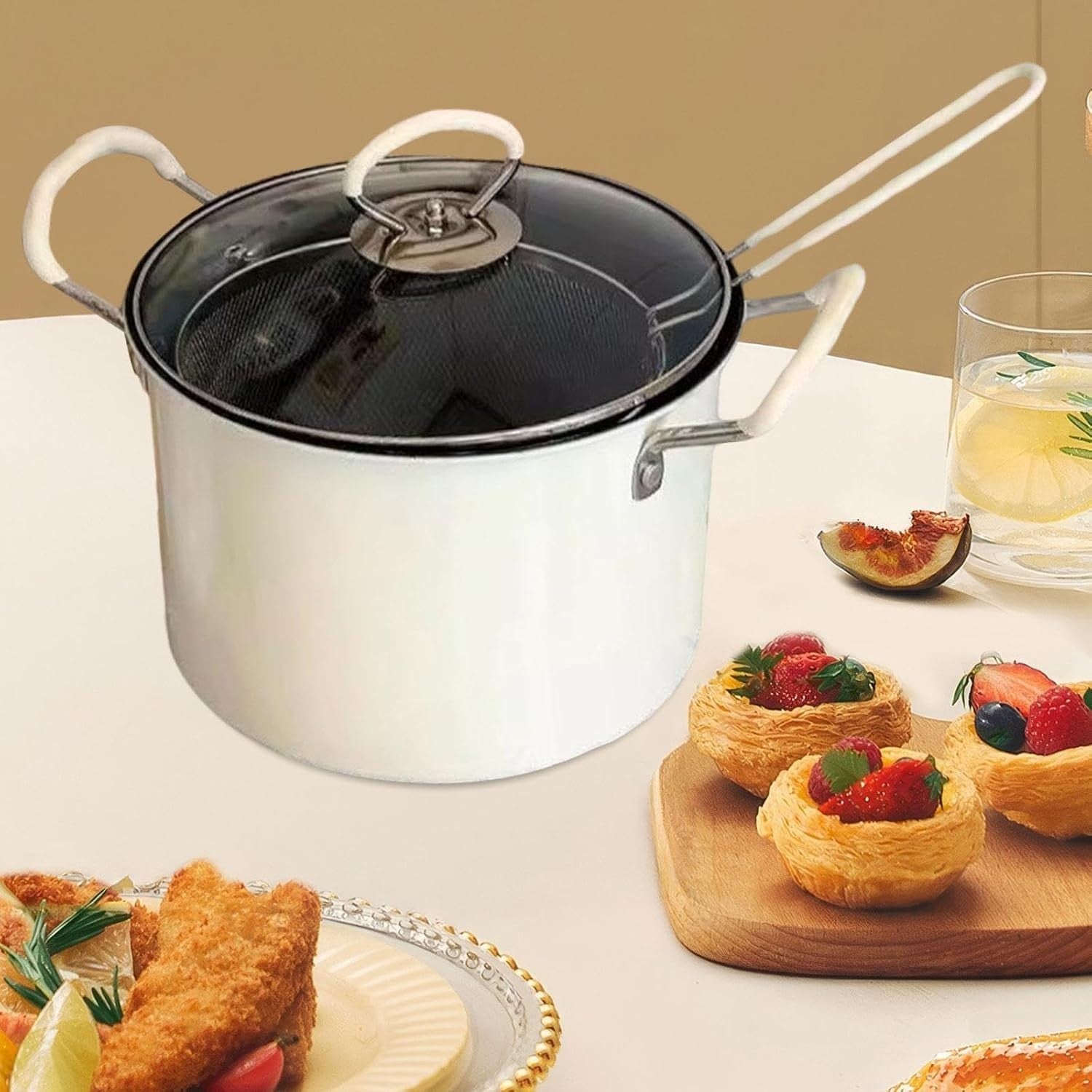5.2L Iron Deep Frying Pot With Strainer Basket Outdoor Kitchen Use
