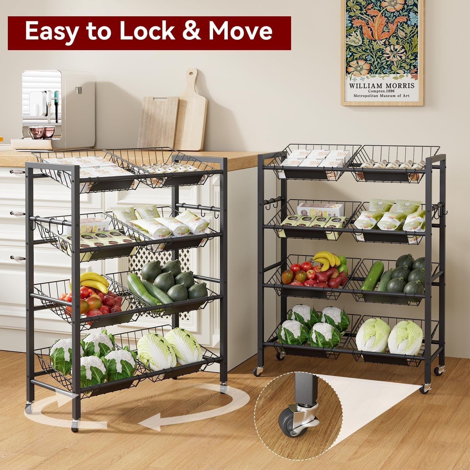 4 Tier Rolling Kitchen Storage Cart 8 Basket Fruit Vegetable Trolley
