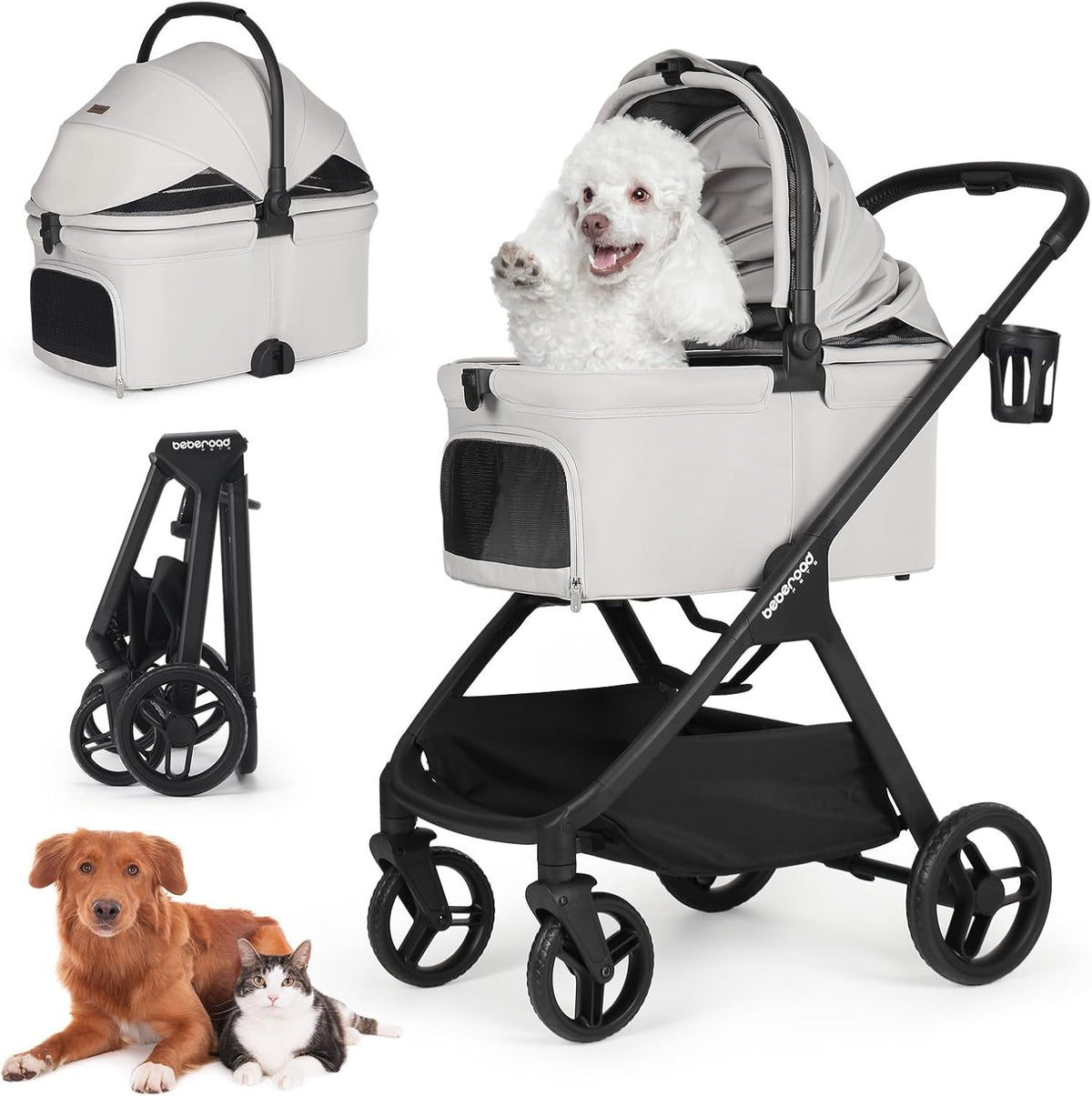 Luxury Grey Pet Stroller for Dogs Cats Foldable Pram Detachable Carrier