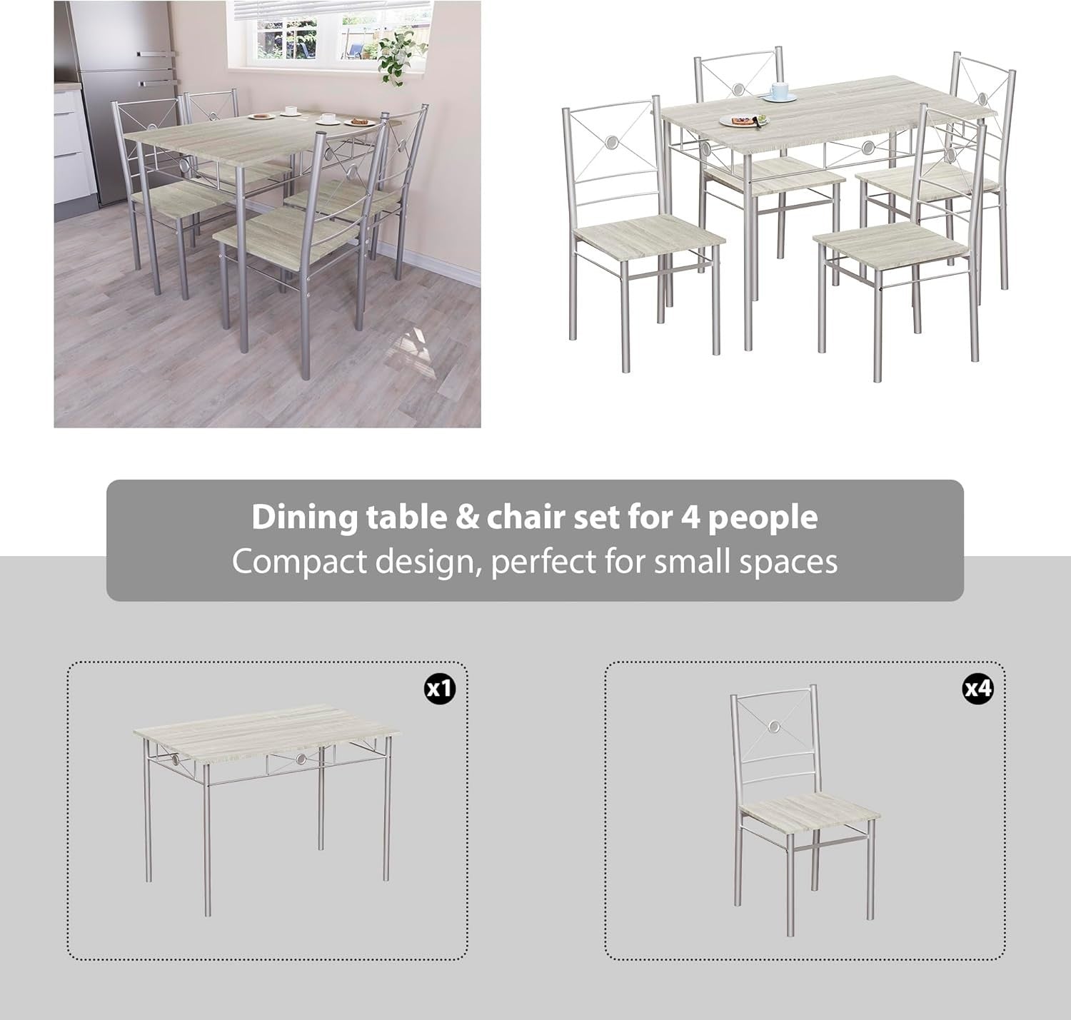 Oak Effect 4-Seater Dining Table Set | Compact Kitchen Breakfast Furniture