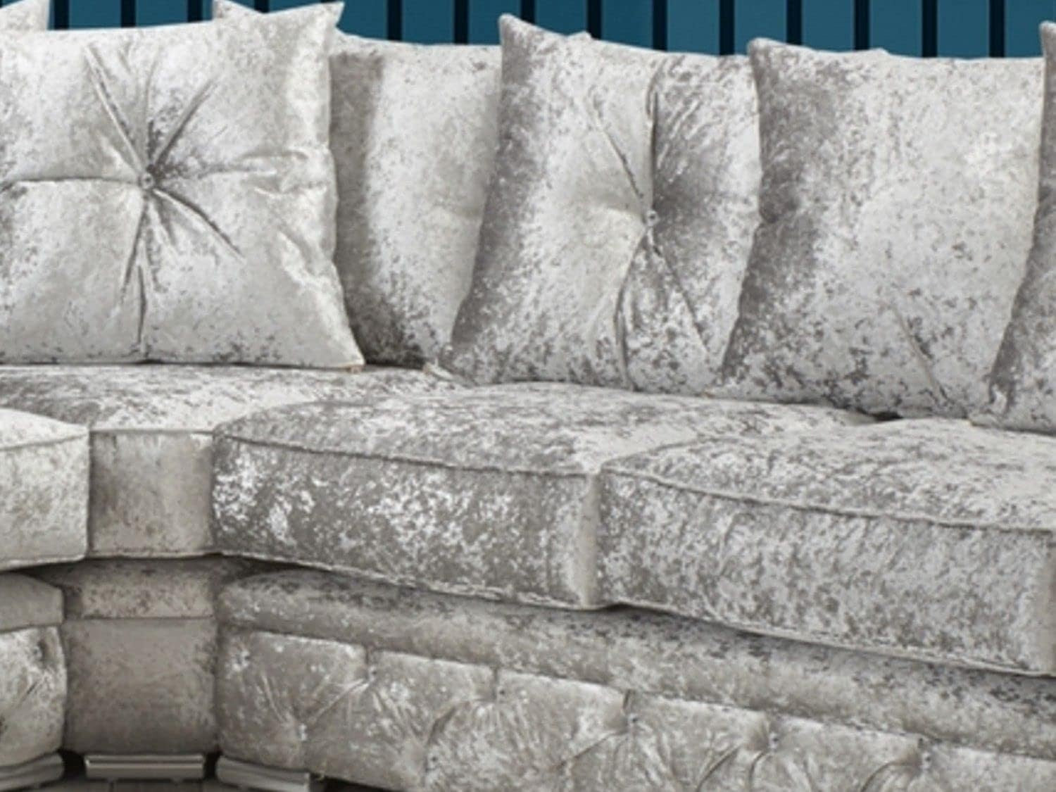 Silver Crushed Velvet 5-Seater Corner Sofa - Plush Cushions & Diamante Detail