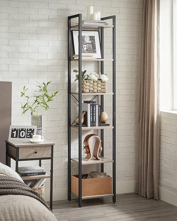 6-Tier Industrial Bookshelf Slim Greige Metal Wood Tall Storage Unit