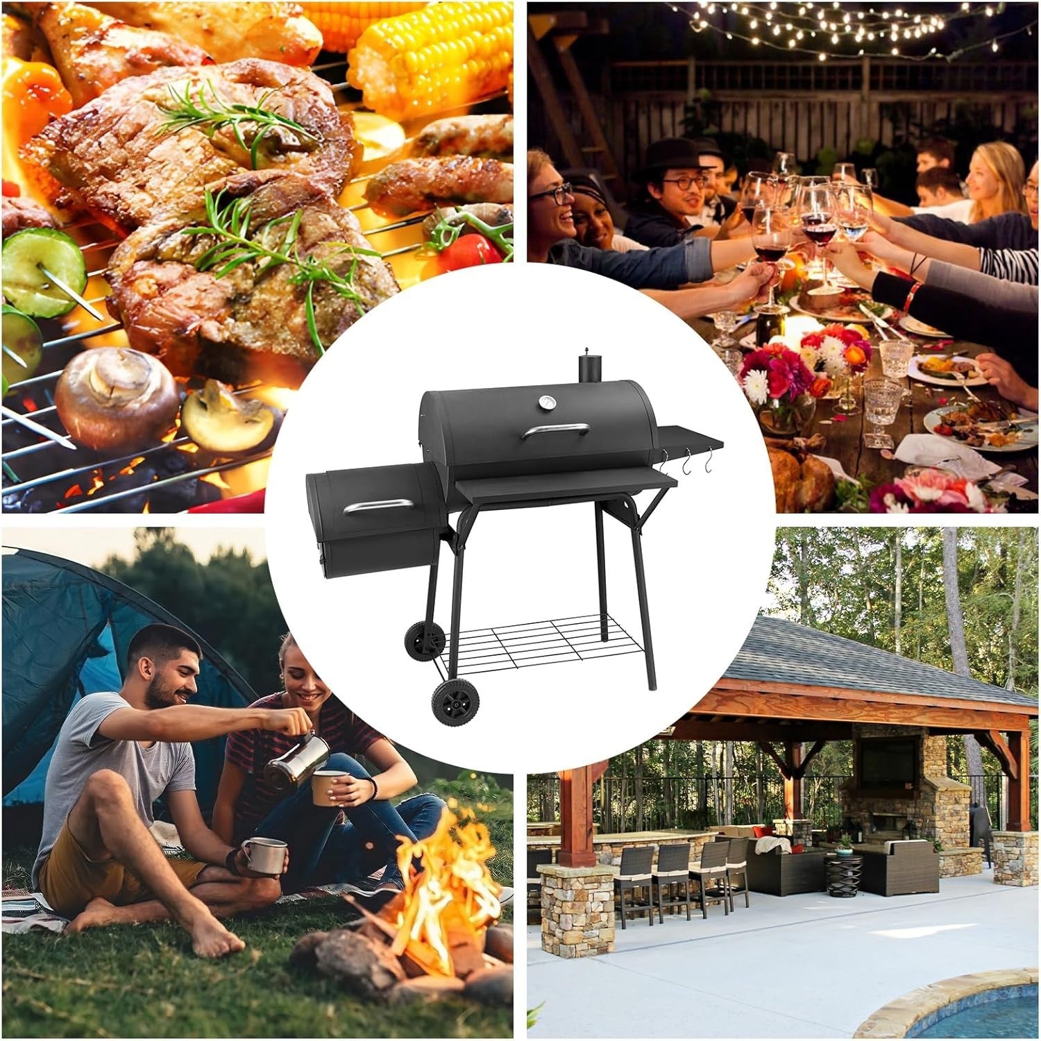 Charcoal BBQ Grill with Offset Smoker, Large Barrel BBQ with Thermometer