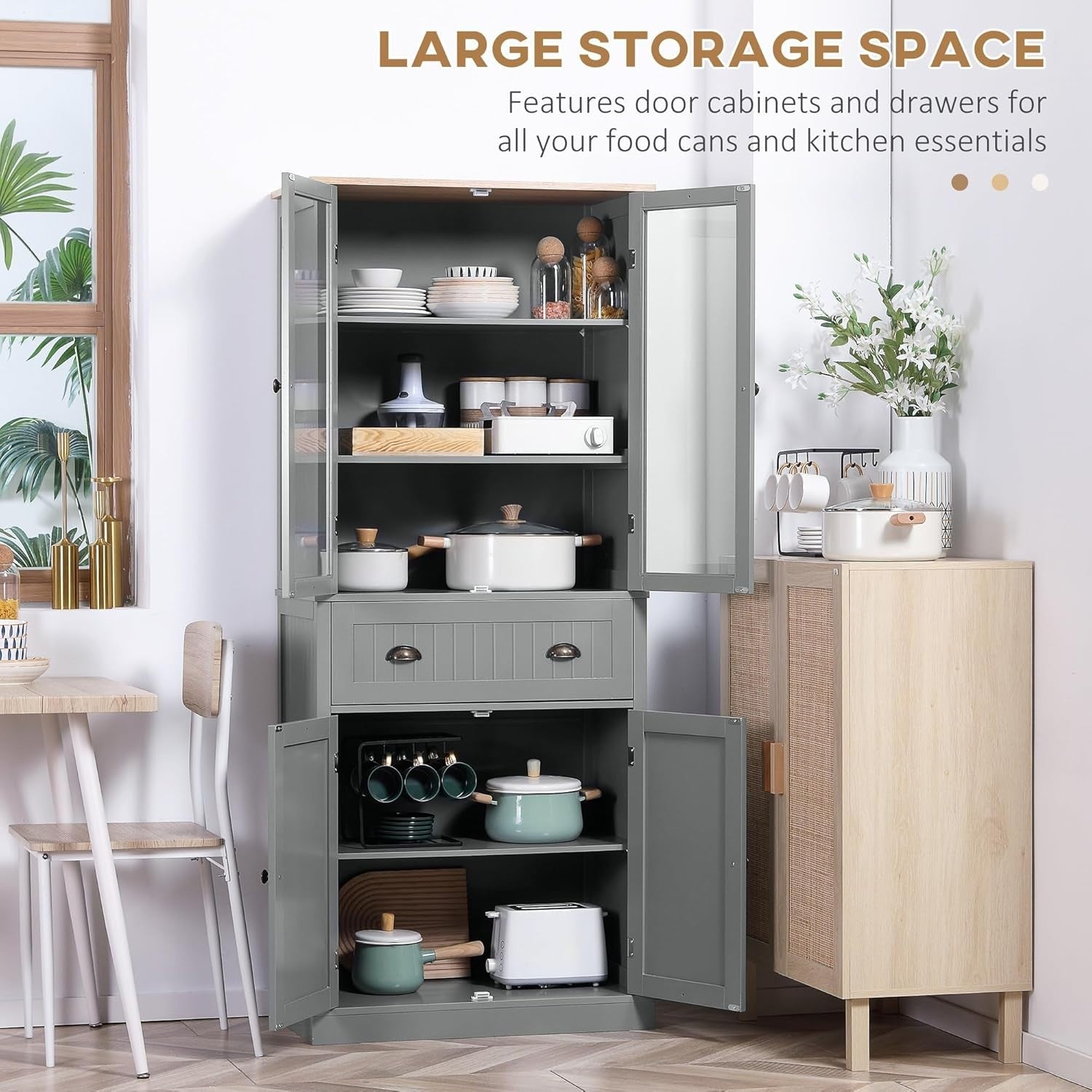 Grey Tall Kitchen Cupboard 182cm Pantry Storage Cabinet Drawer Shelves