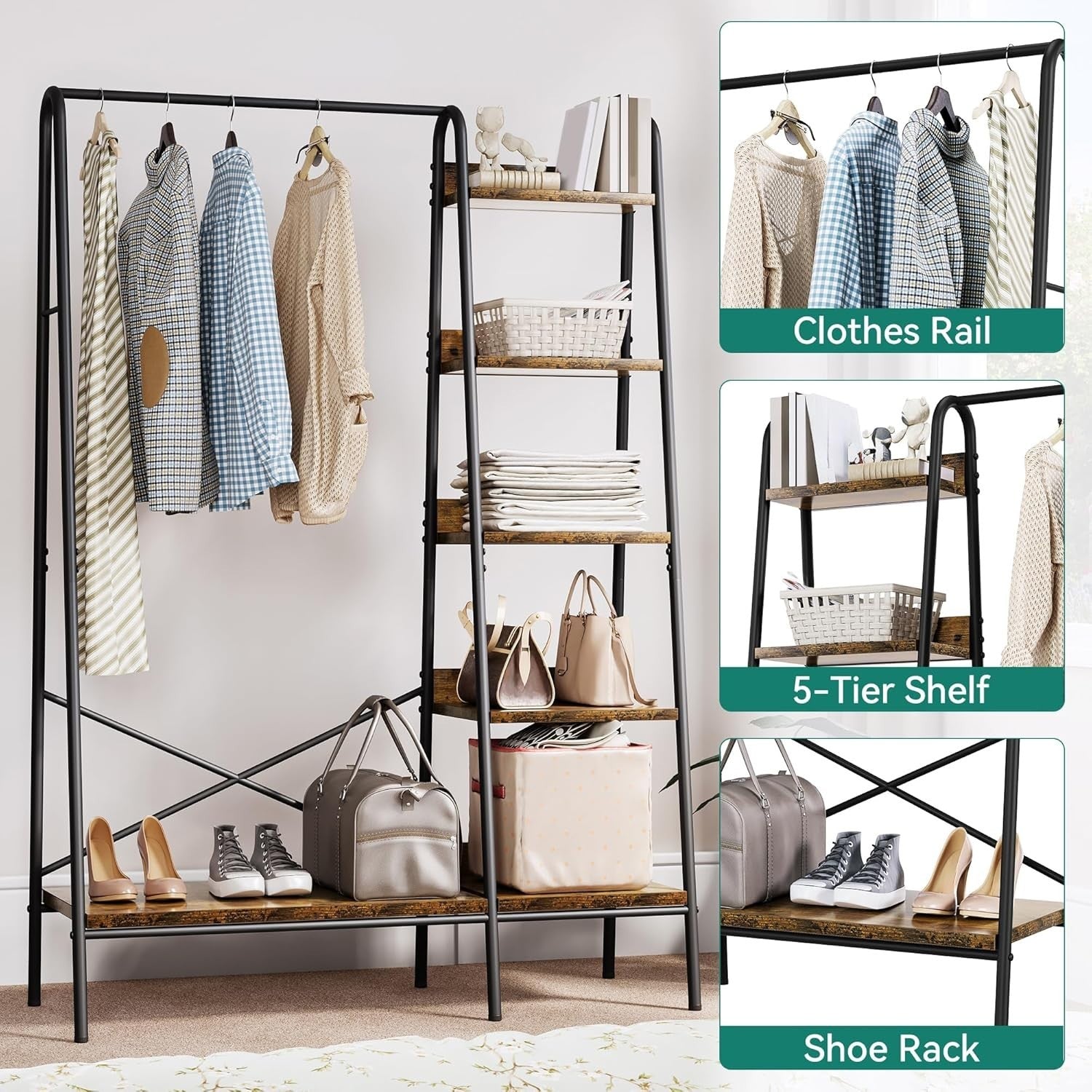 Industrial Coat Rack with Shoe Storage & 5 Shelves – Sturdy Hall Tree 160cm