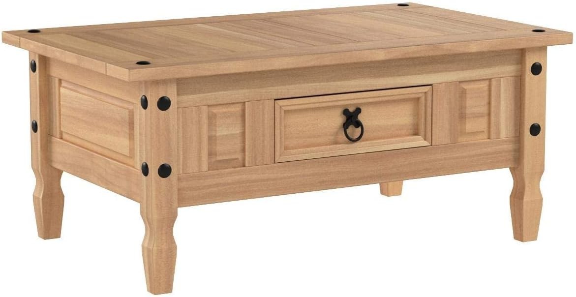 Rustic Solid Pine Coffee Table with Drawer – Distressed Wood, 94cm Wide
