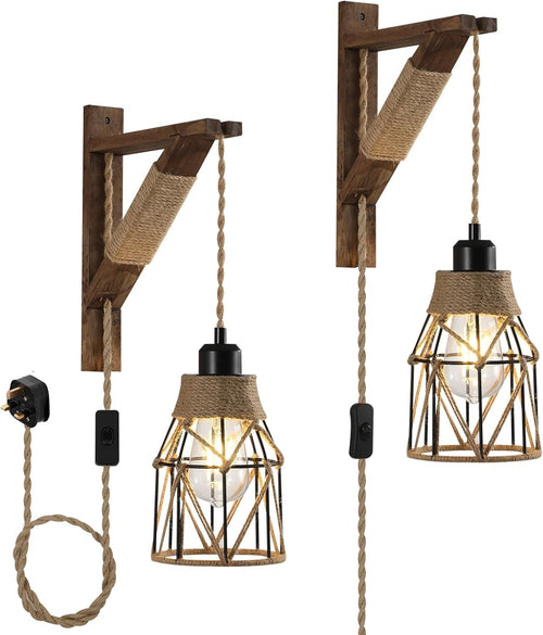 Rustic Farmhouse Plug-in Wall Sconces with Metal Cage & Wooden Bracket