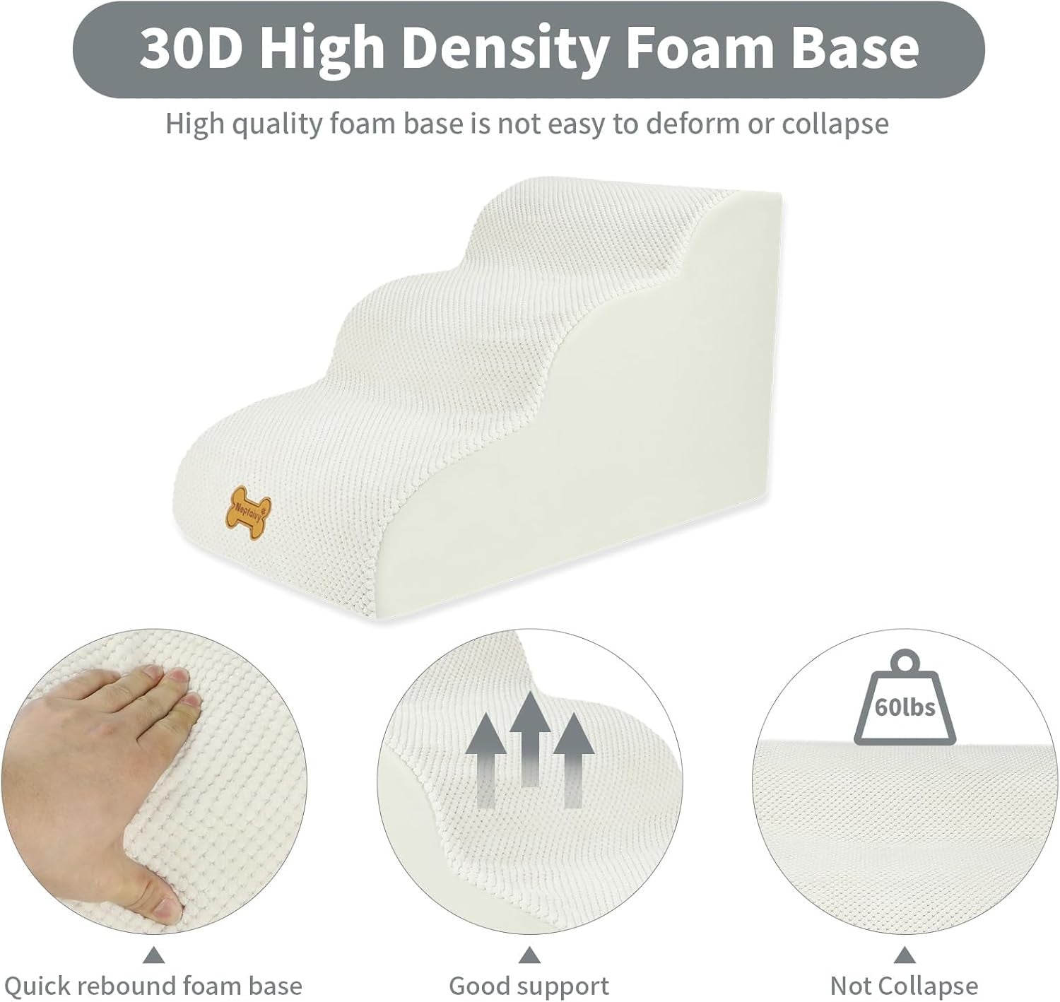 3-Step Dog Stairs Non-Slip Pet Ramp Small Dogs Cats Beige