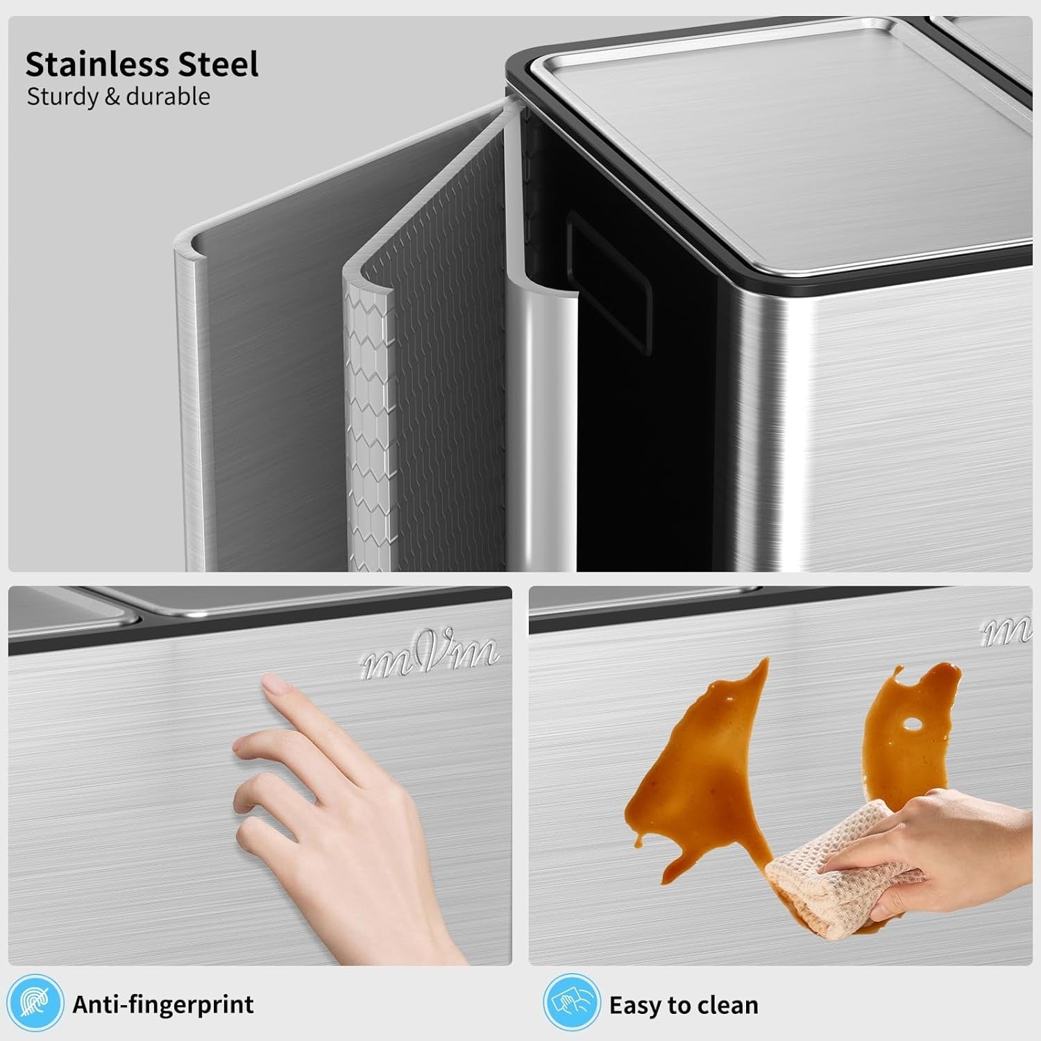 45L Triple Kitchen Recycling Bin 3x15L Stainless Steel Pedal Lid