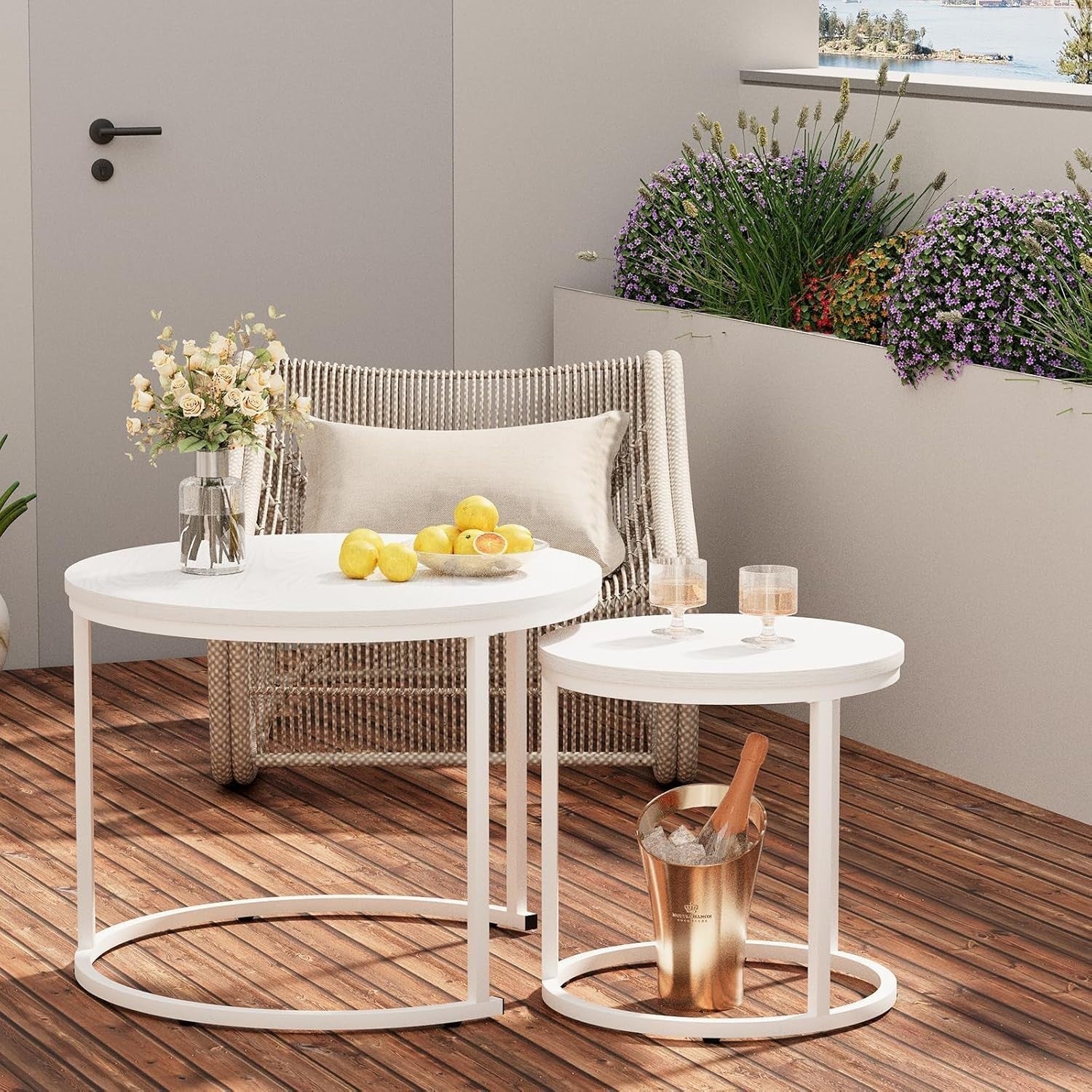 2pcs White Round Nesting Coffee Table Set Wood Metal Frame Living Room Side End