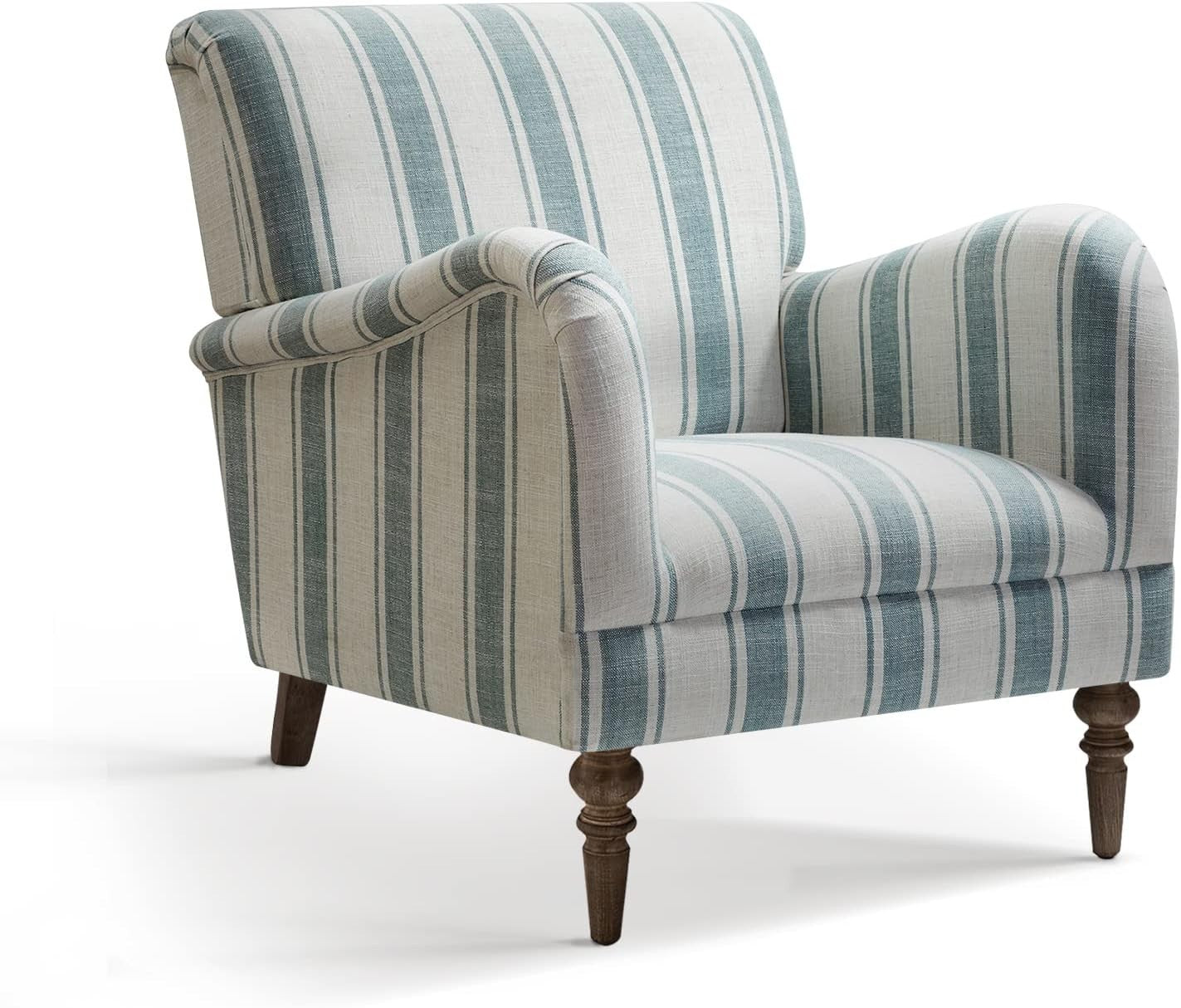Striped Upholstered Armchair with Wooden Legs for Lounge or Bedroom Blue