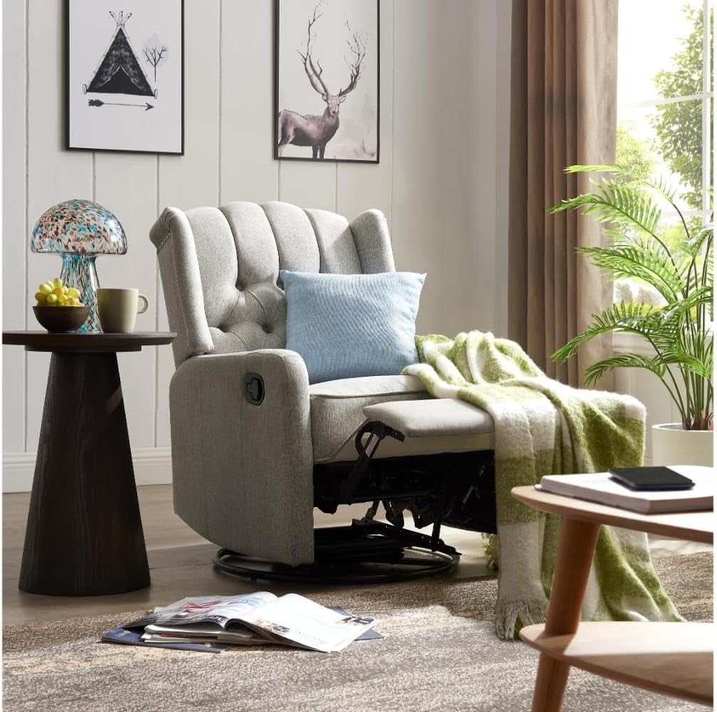 Grey Swivel Recliner Armchair Fabric Wing Back Chair Lounge Relax Seat