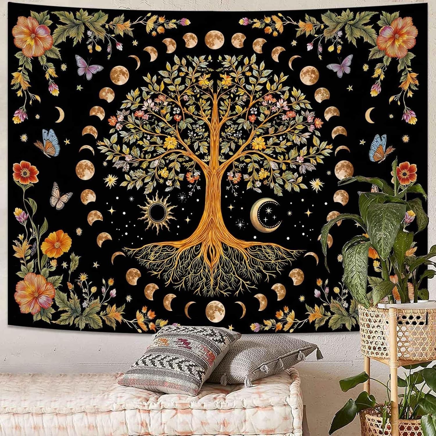 Tree of Life Moon Phase Tapestry Celestial Sun Boho 44x60