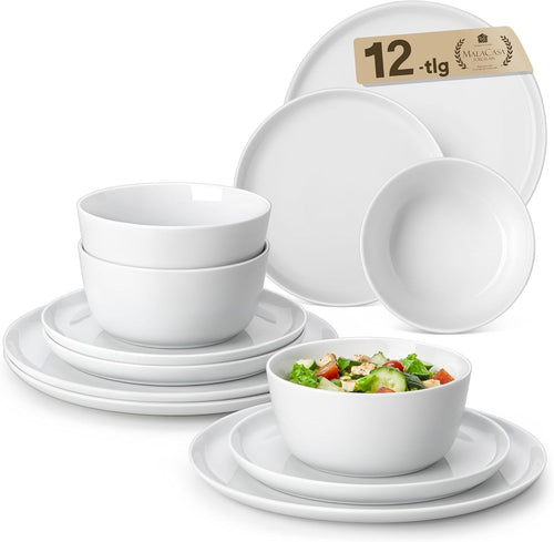 12pc White Porcelain Dinner Set Plates Bowls Chip Scratch Resistant