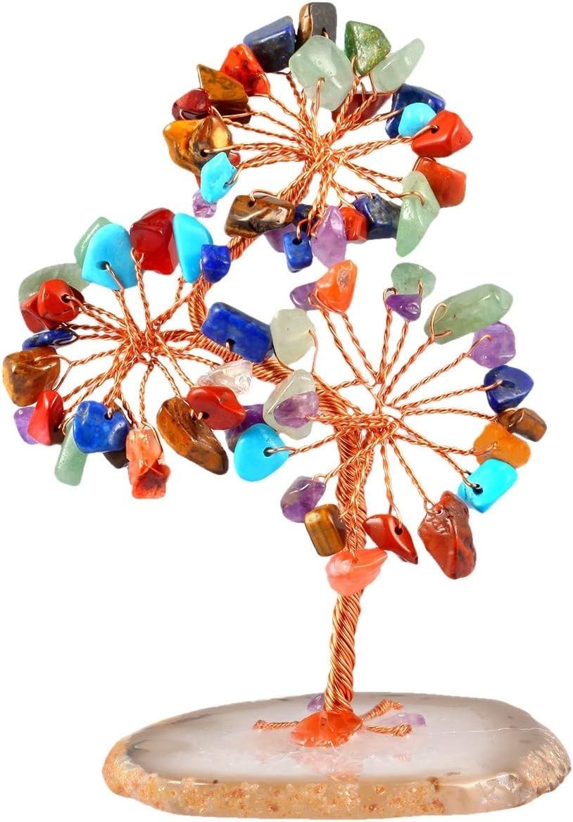 Crystal Money Tree Ornament Multicolour Gemstone Healing Decor Agate Base Gift
