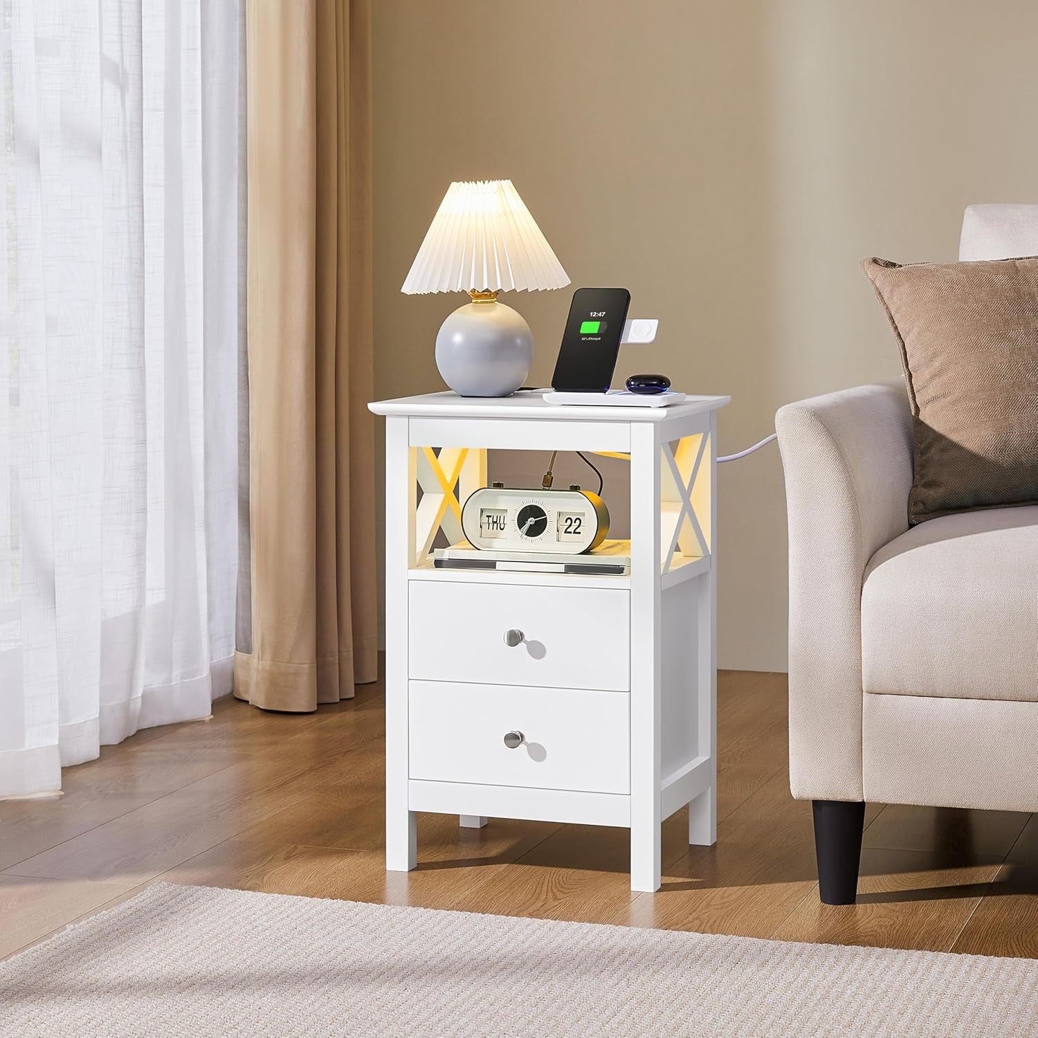 White Bedside Table with LED Lights & Charging Station – 2 Drawers & Shelf 30x40