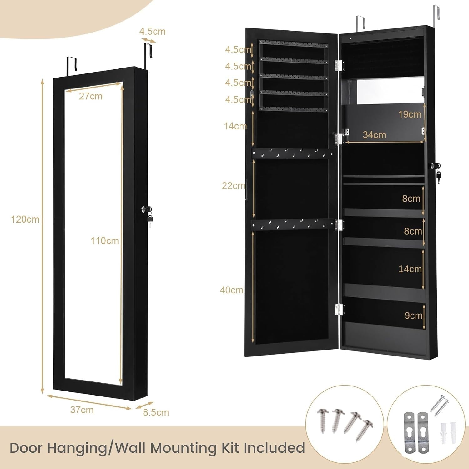 Black LED Jewellery Cabinet Wall Door Mounted Full Length Mirror Lockable