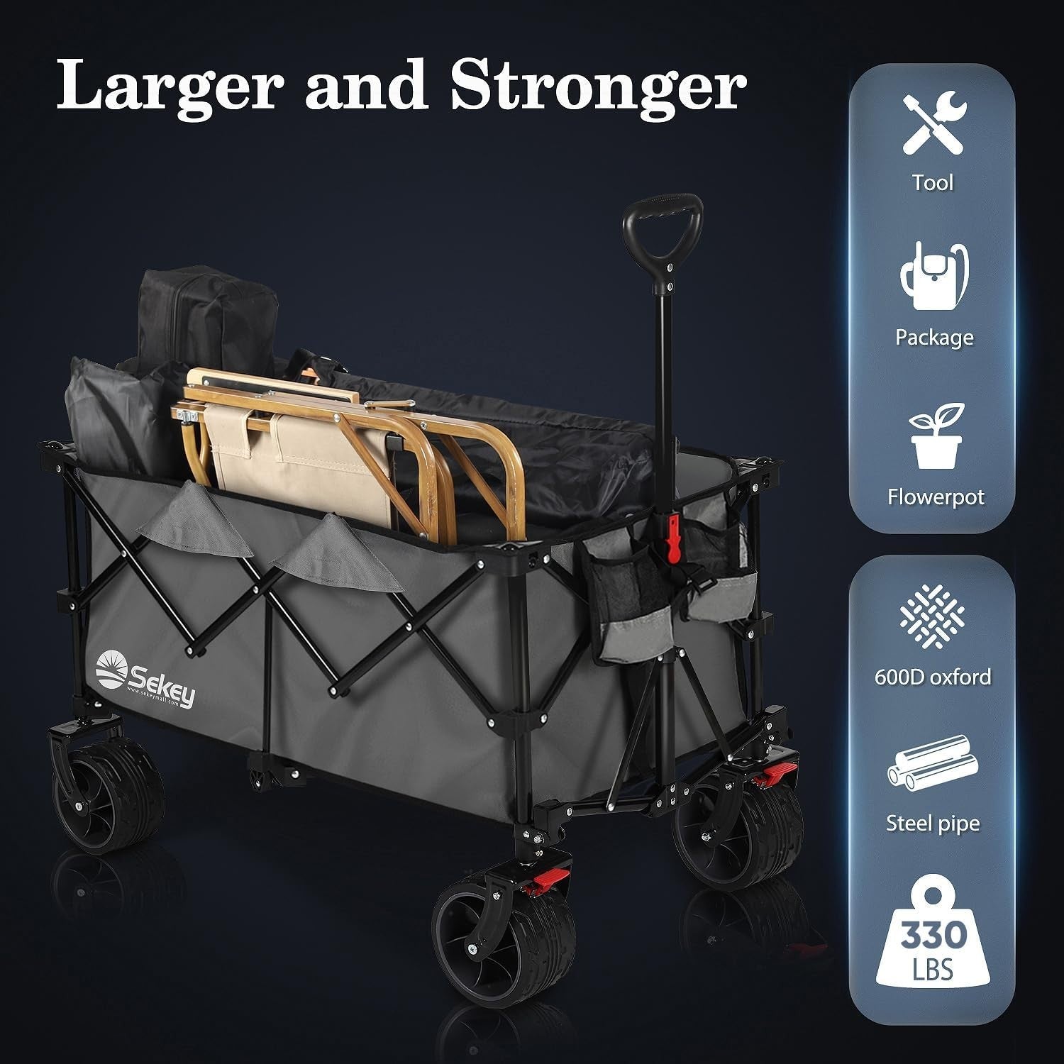 Grey 200L Folding Camping Wagon 150kg Heavy Duty All Terrain Festival Beach Cart