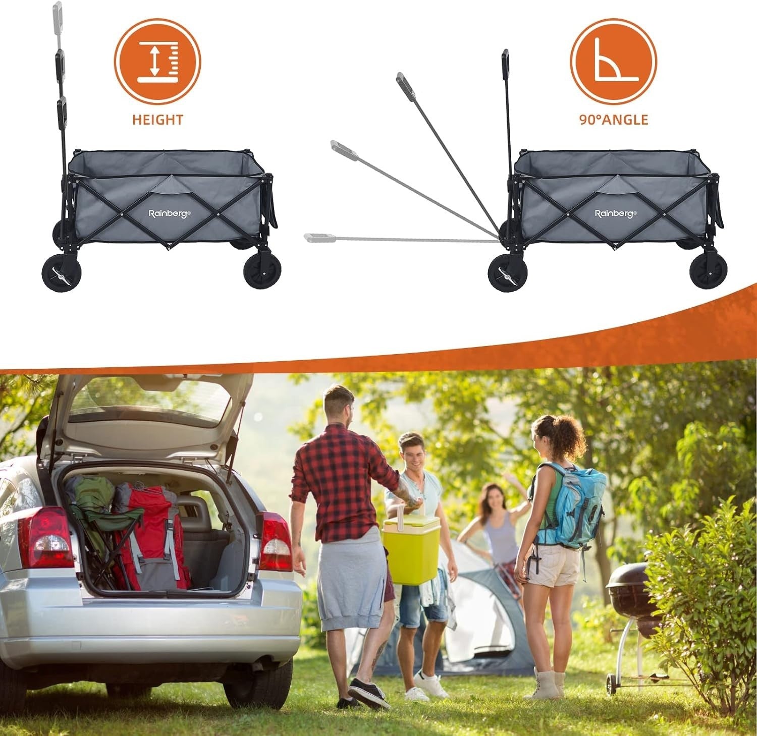 Grey Folding Camping Wagon 120kg Trolley w/ Table Top, Adjustable Handle & Bag